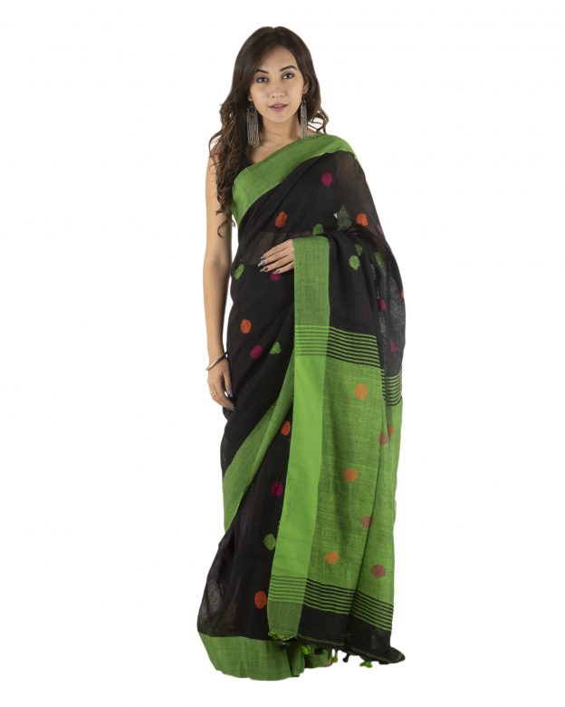 Black Jamdani Plain Stripes Linen Saree