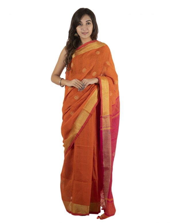 Orange Jamdani Plain Stripes Linen Saree