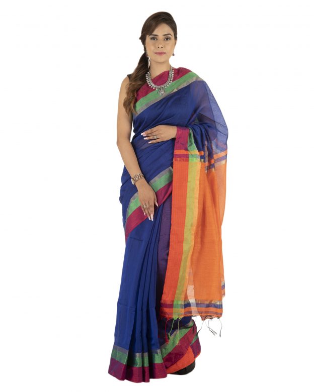 Blue Plain Stripes Linen Saree