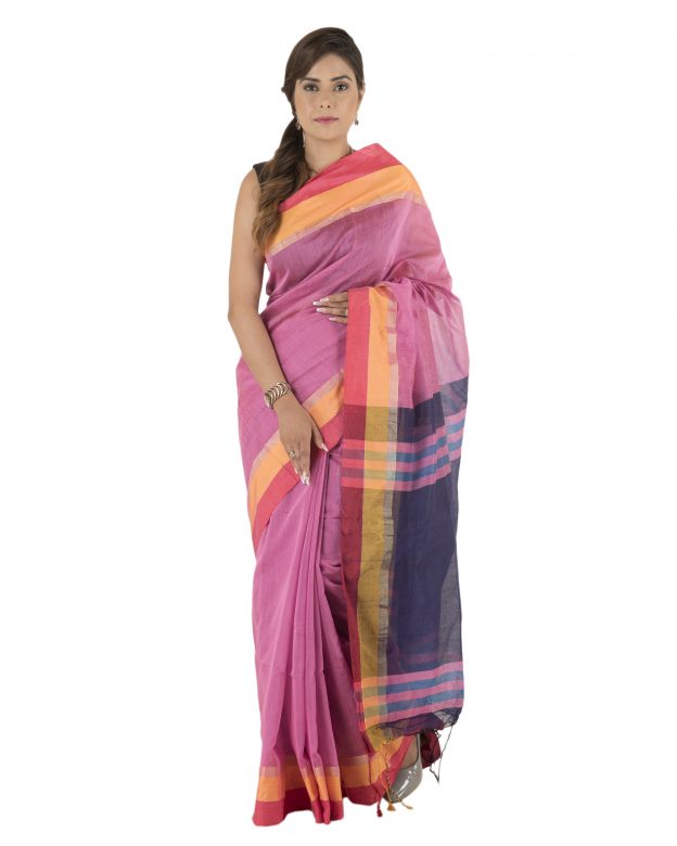 Pink Plain Stripes Linen Saree