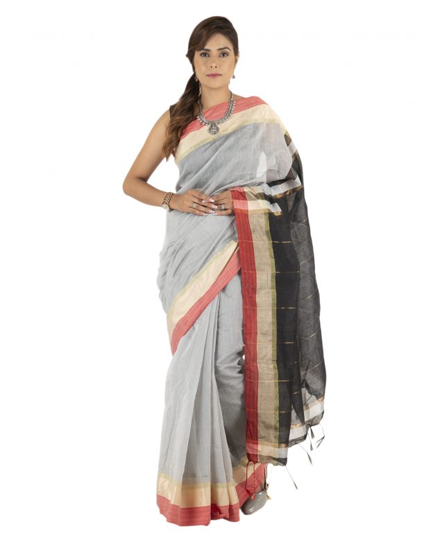 Grey Plain Stripes Linen Saree