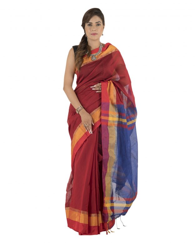 Maroon Plain Stripes Linen Saree