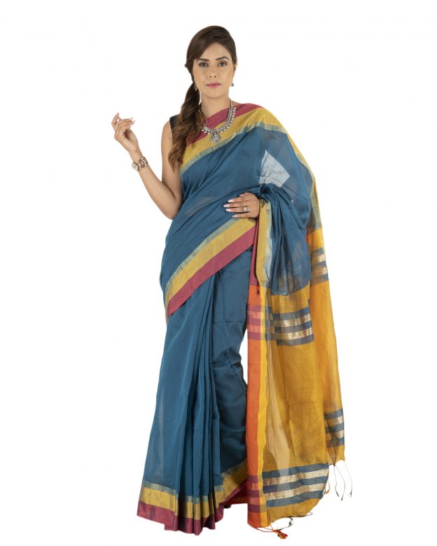 Blue Plain Stripes Linen Saree