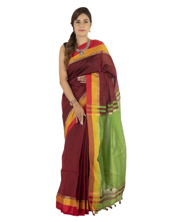 Maroon Plain Stripes Linen Saree