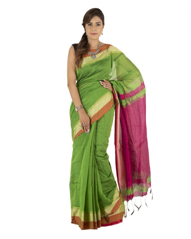 Green Plain Stripes Linen Saree