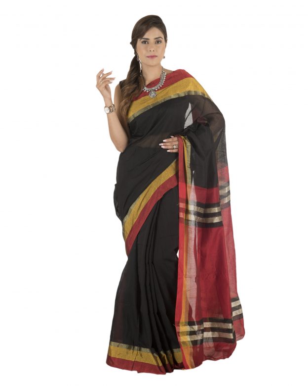 Black Plain Stripes Linen Saree