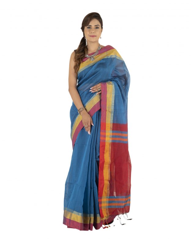 Blue Plain Stripes Linen Saree