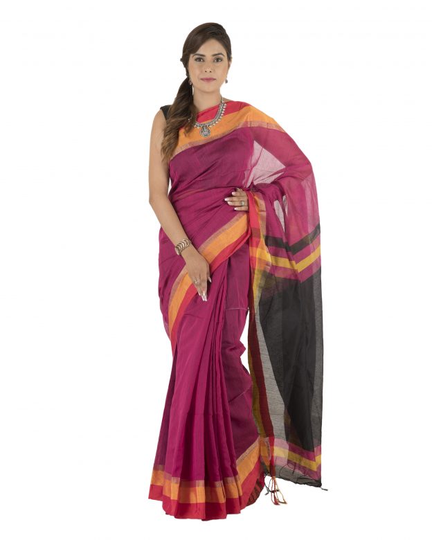 Pink Plain Stripes Linen Saree