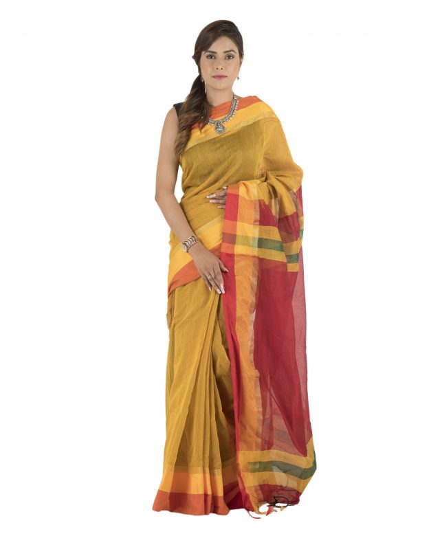 Yellow Plain Stripes Linen Saree