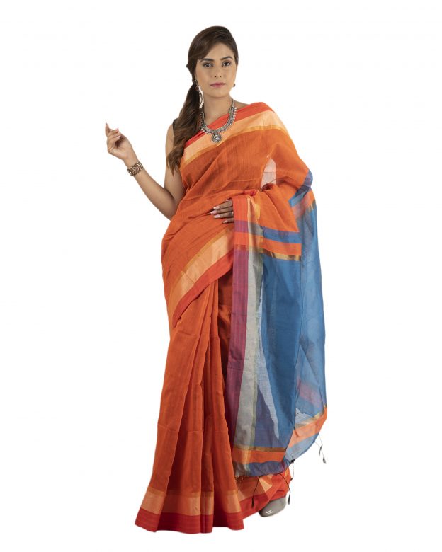 Orange Plain Stripes Linen Saree