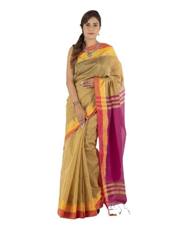 Brown Plain Stripes Linen Saree