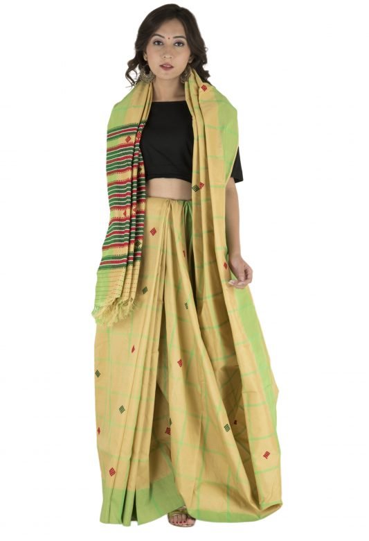 Green & Light Brown Aadivasi Putta Silk Saree