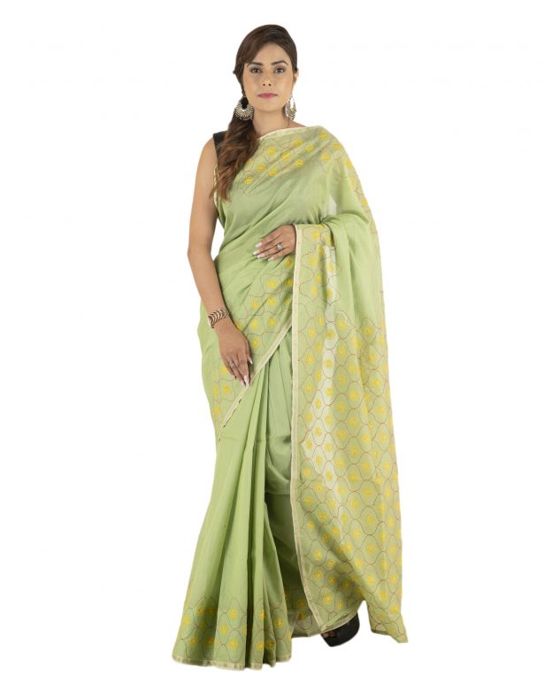 Green Tassar Silk Embroidery Saree
