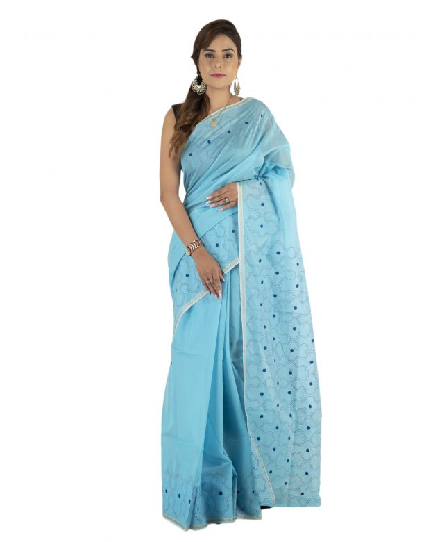 Blue Tassar Silk Embroidery Saree