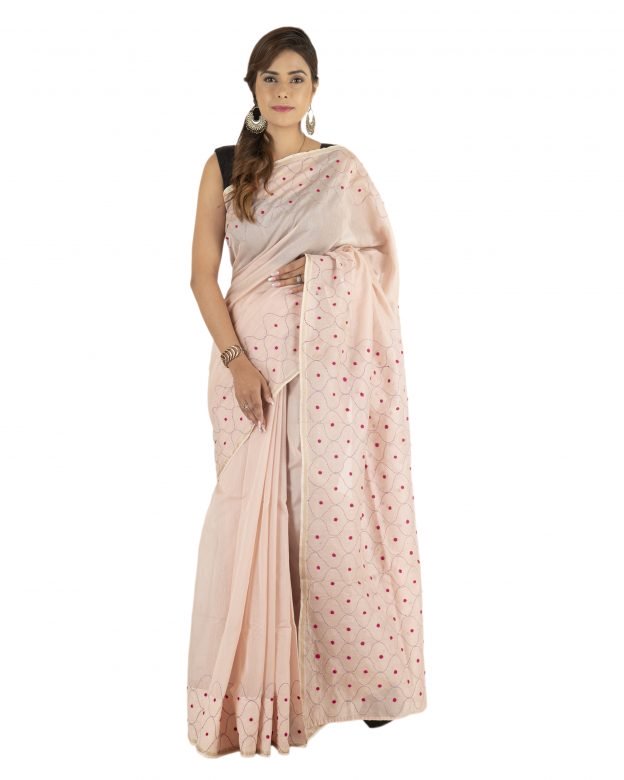 Pink Tassar Silk Embroidery Saree