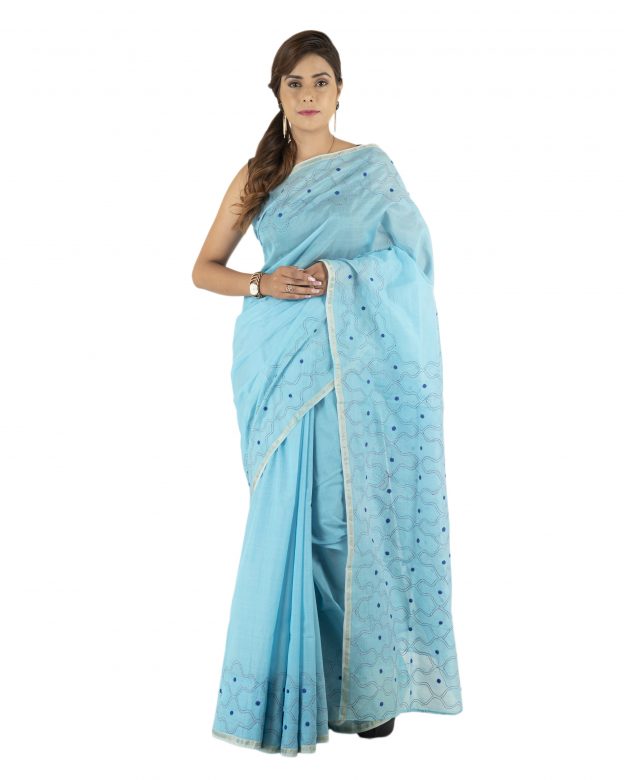 Blue Tassar Silk Embroidery Saree