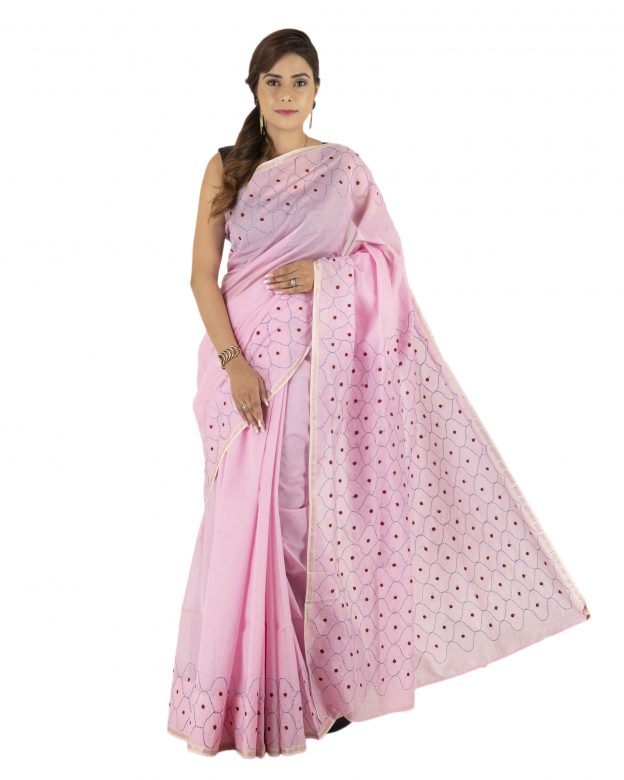 Pink Tassar Silk Embroidery Saree