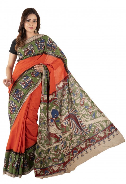 Cotton Kalamkari Body Plain Saree with Blouse (Telangana)