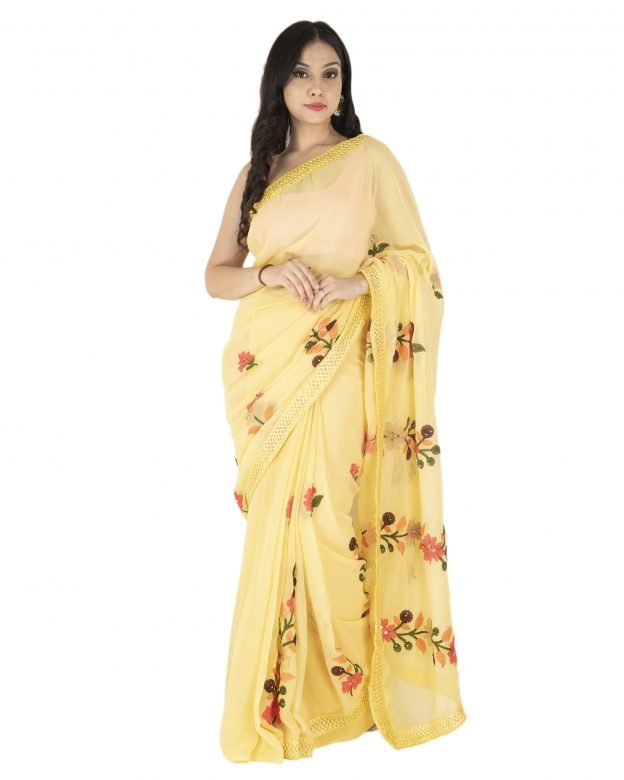 Embroidered Plain Yellow & Red Chanderi Silk Saree