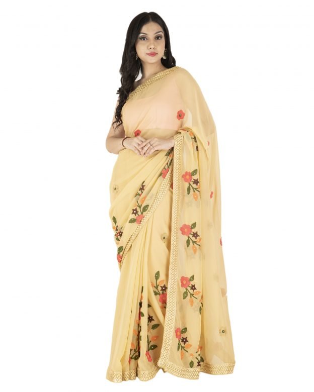 Embroidered Plain Peach & Green Chanderi Silk Saree