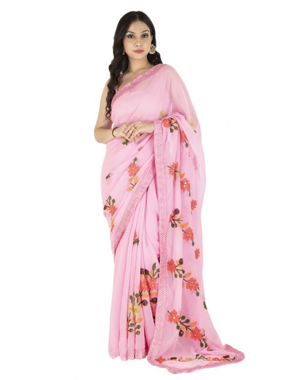 Embroidered Plain Pink & Orange Chanderi Silk Saree