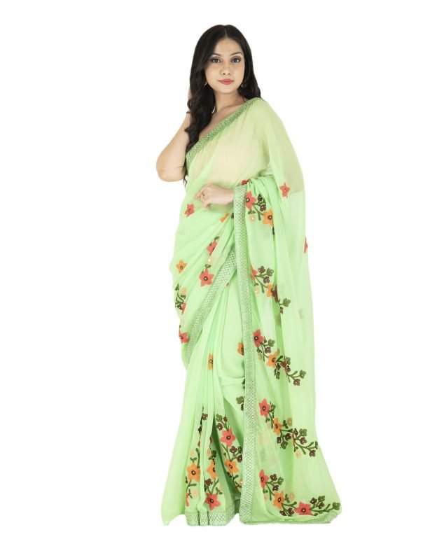 Embroidered Plain Turquoise & Pink Chanderi Silk Saree