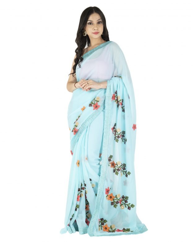 Embroidered Plain Sky Blue & Pink Chanderi Silk Saree