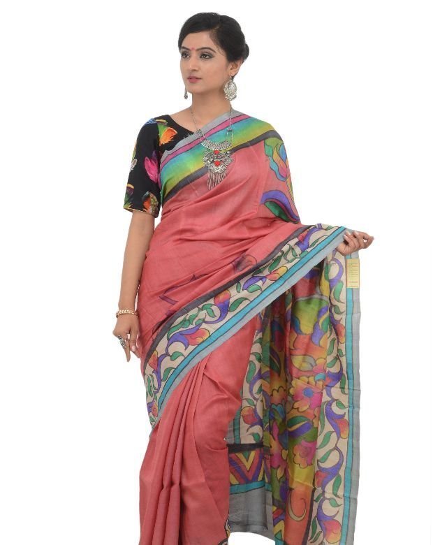 Hand Printed Multicolor Tassar Silk Saree