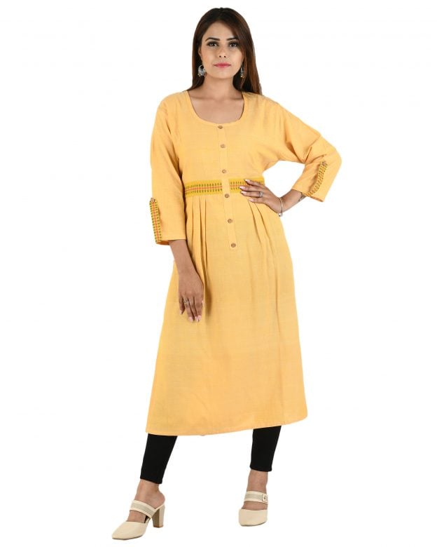 Yellow Handwoven Cotton Long Kurta