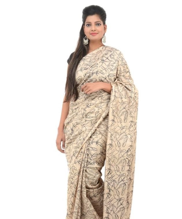 Off White Silk Block Print Saree