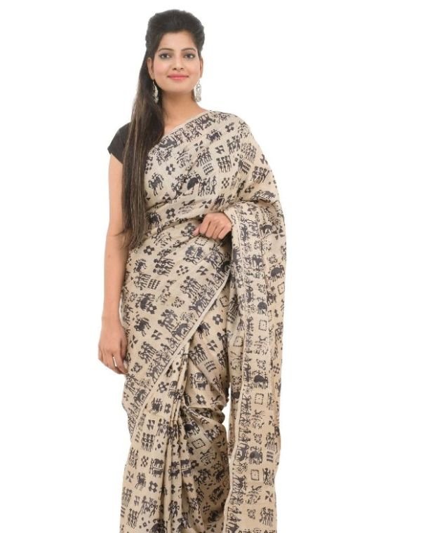 Off White Silk Block Print Saree