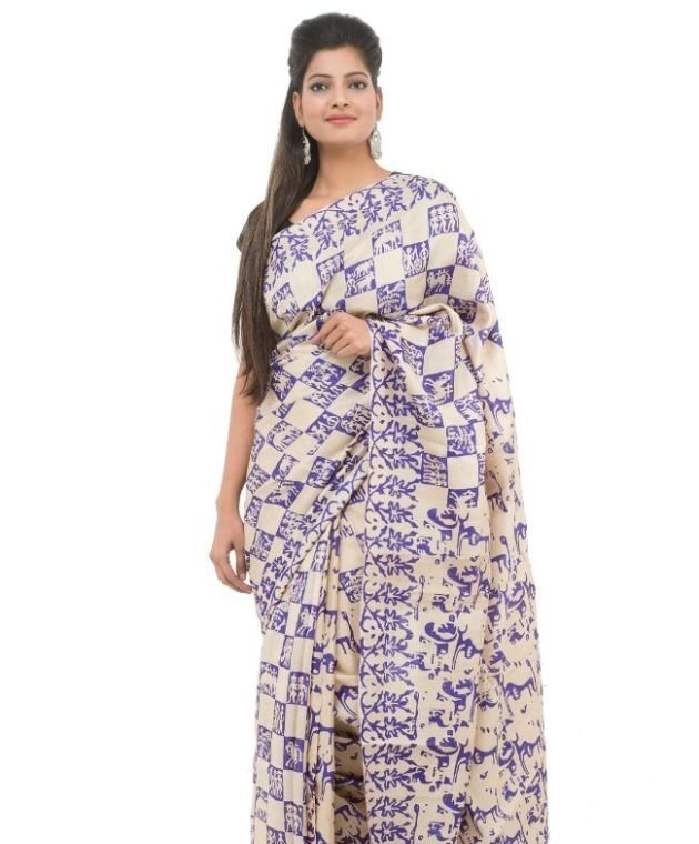 Off White Silk Block Print Saree