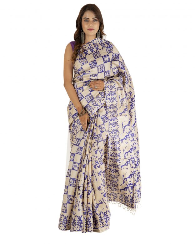 Handmade Traditional Tussar Silk Blue & Beige Plain Saree