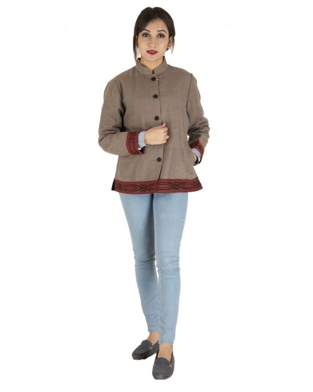 Brown Woolen Buttoned Long Sleeve Mid Thigh Regular Fit Coat