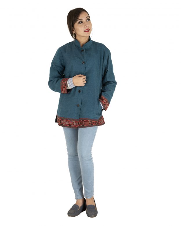 Blue Woolen Buttoned Long Sleeve Mid Thigh Regular Fit Coat