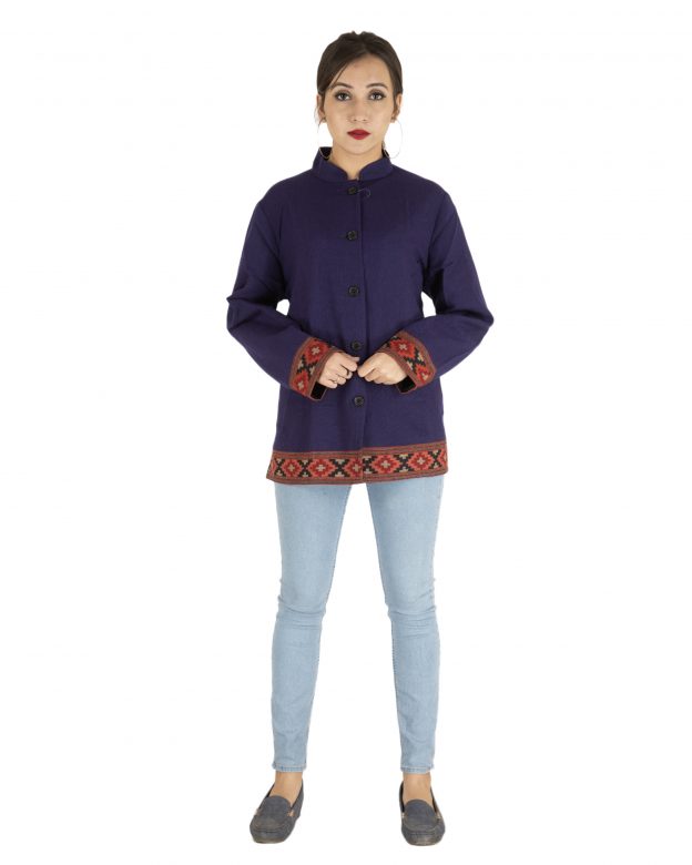 Purple Woolen Buttoned Long Sleeve Mid Thigh Regular Fit Coat