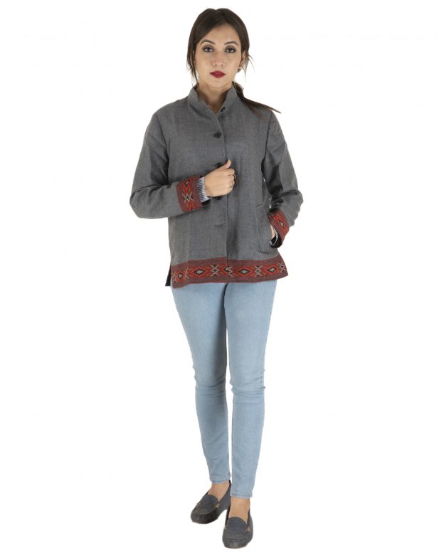 Grey Woolen Buttoned Long Sleeve Mid Thigh Regular Fit Coat