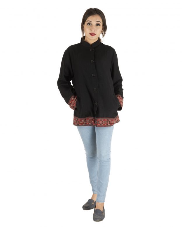 Black Woolen Buttoned Long Sleeve Mid Thigh Regular Fit Coat