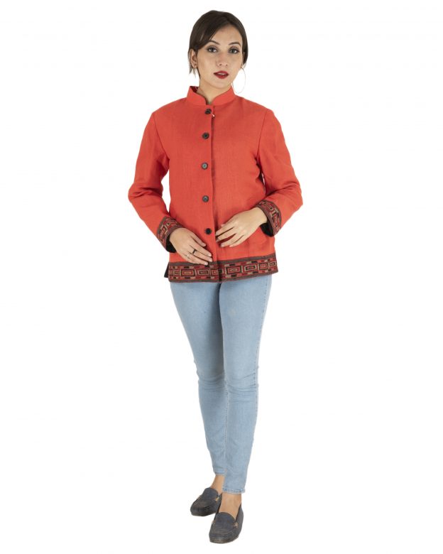 Orange Woolen Buttoned Long Sleeve Mid Thigh Regular Fit Coat