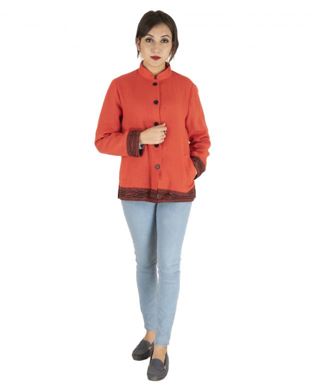 Orange Woolen Buttoned Long Sleeve Mid Thigh Regular Fit Coat