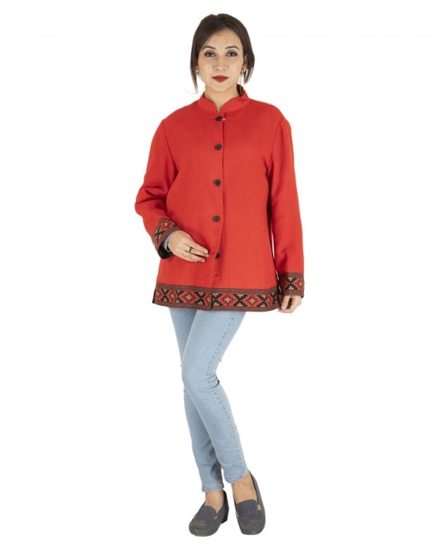 Orange Woolen Buttoned Long Sleeve Mid Thigh Regular Fit Coat