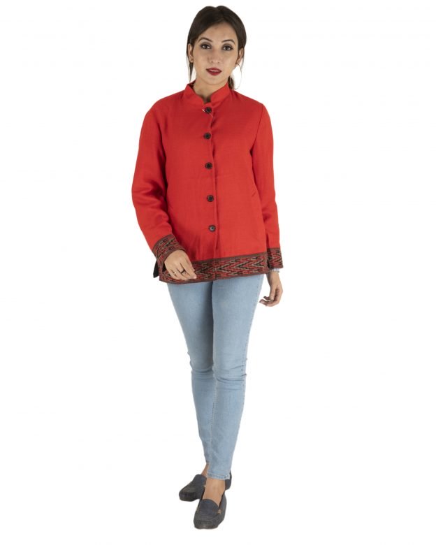 Orange Woolen Buttoned Long Sleeve Mid Thigh Regular Fit Coat