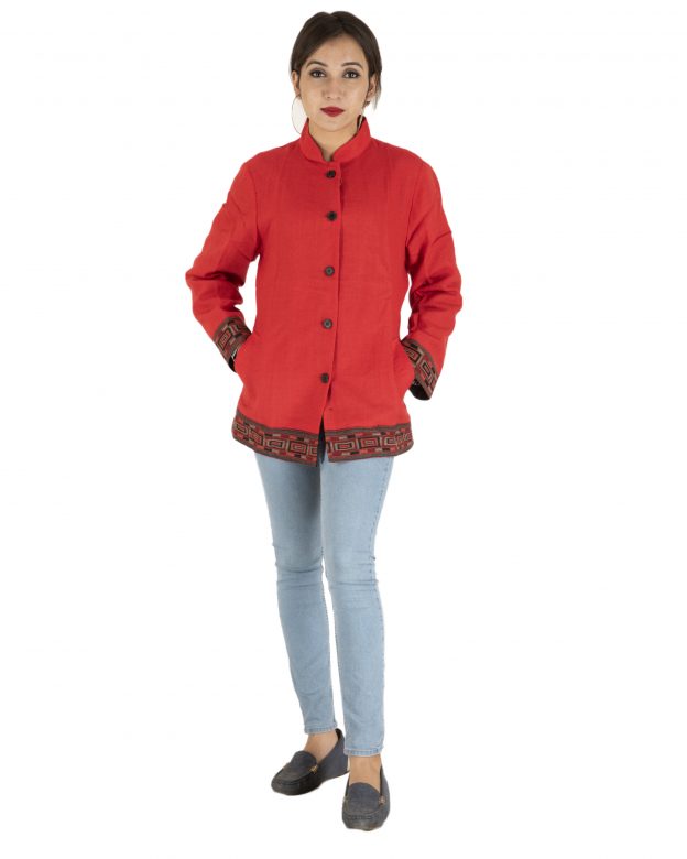 Red Woolen Buttoned Long Sleeve Mid Thigh Regular Fit Coat