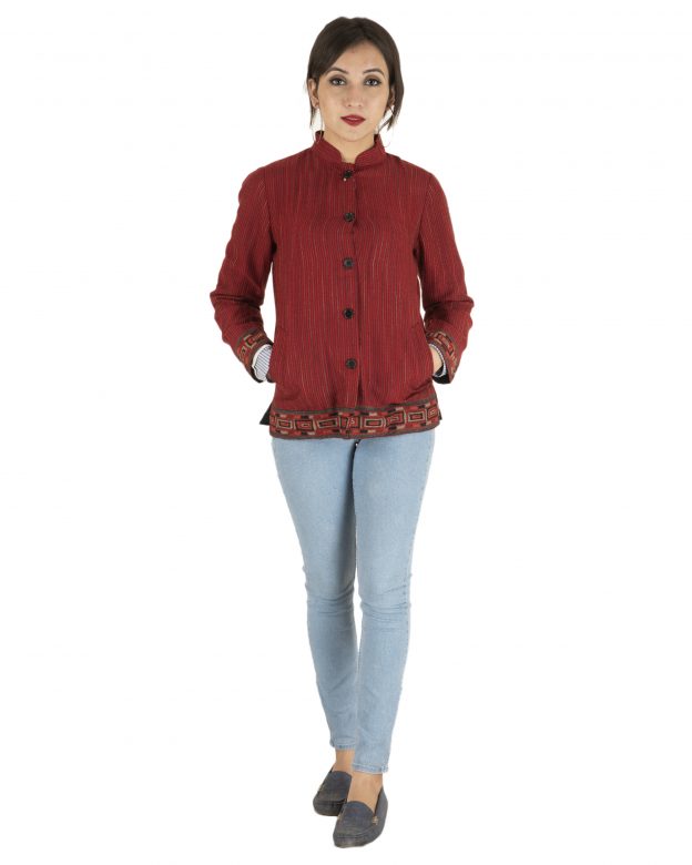Red Woolen Buttoned Long Sleeve Mid Thigh Regular Fit Coat