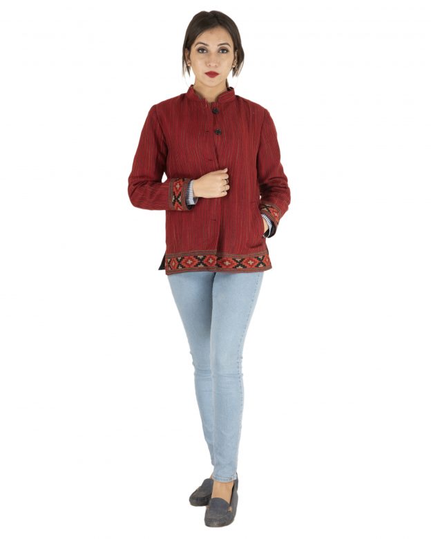 Red Woolen Buttoned Long Sleeve Mid Thigh Regular Fit Coat