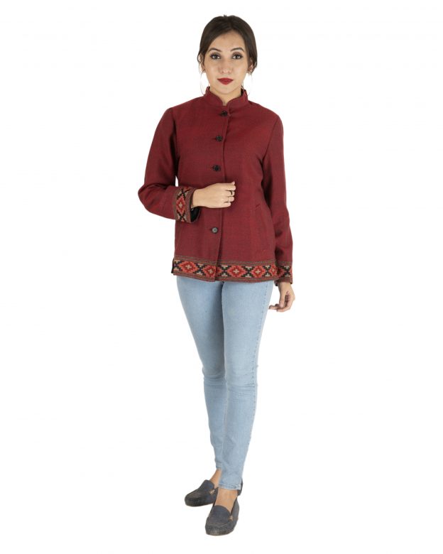 Red Woolen Buttoned Long Sleeve Mid Thigh Regular Fit Coat