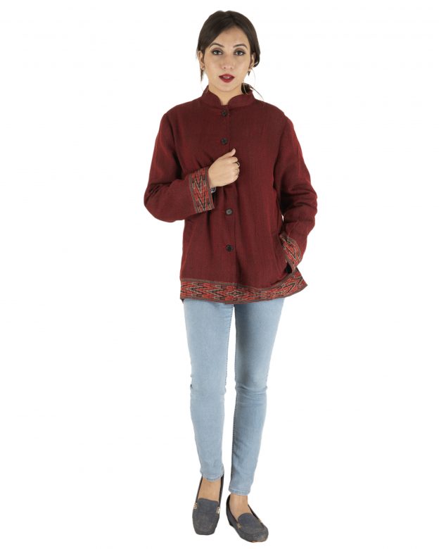 Red Woolen Buttoned Long Sleeve Mid Thigh Regular Fit Coat