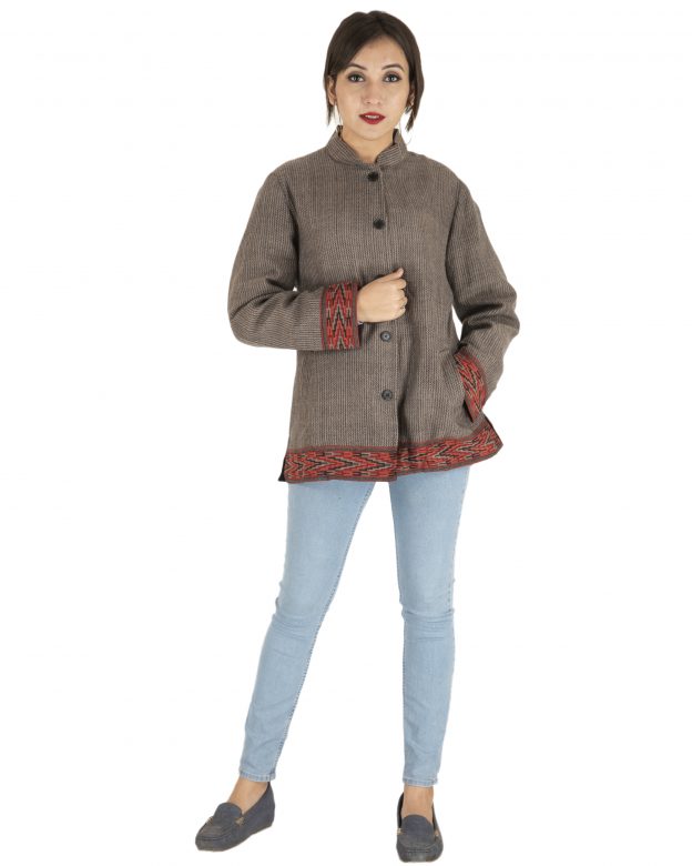 Grey Woolen Buttoned Long Sleeve Mid Thigh Regular Fit Coat