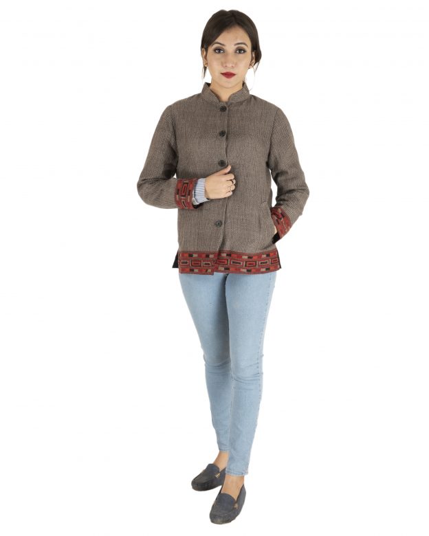 Grey Woolen Buttoned Long Sleeve Mid Thigh Regular Fit Coat