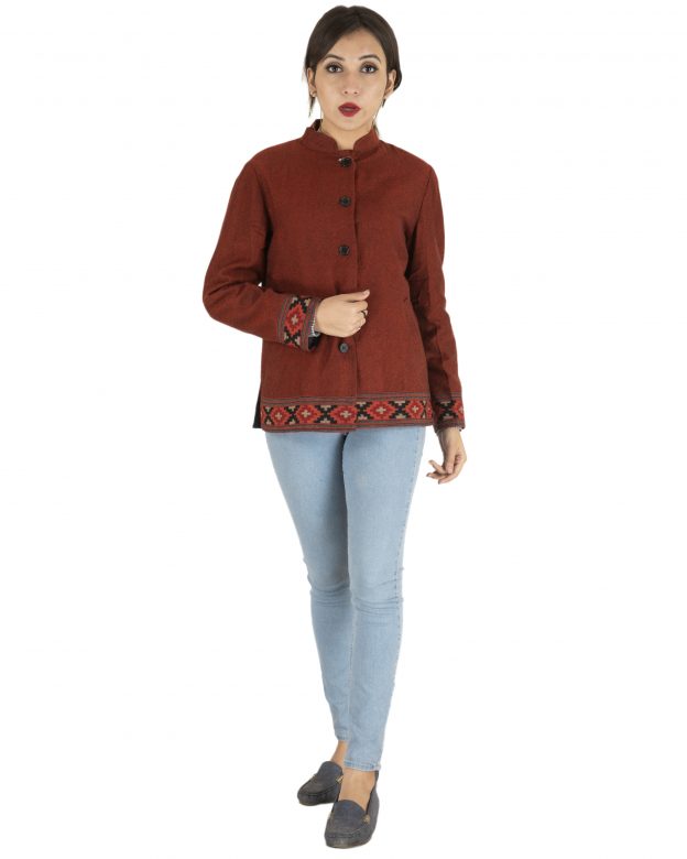Brown Woolen Buttoned Long Sleeve Mid Thigh Regular Fit Coat